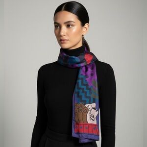 Vtg Perry Ellis Silk Jack Card Purple Mixed Print Rectangle Scarf Made in Japan